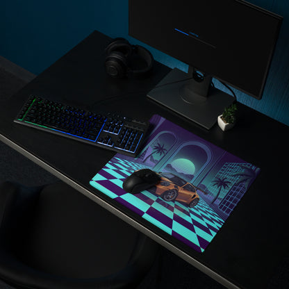 Porsche 911 GT3 R Inspired Bronze Vaporwave Gaming Mouse Pad – Neon Cyan Checkerboard Palace Desk Mat with Palm Trees and Retro Synthwave Sunset Art