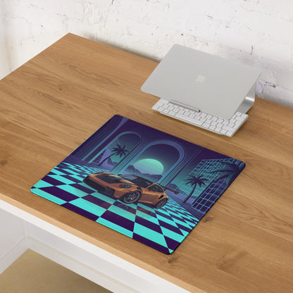 Porsche 911 GT3 R Inspired Bronze Vaporwave Gaming Mouse Pad – Neon Cyan Checkerboard Palace Desk Mat with Palm Trees and Retro Synthwave Sunset Art