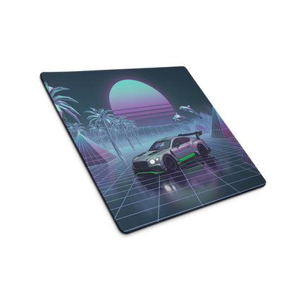 Bentley Continental GT3 Inspired Silver Green Vaporwave Gaming Mouse Pad – Neon Grid Tropical Desk Mat with Palm Trees, Dolphins and Retro Synthwave Sunset Art