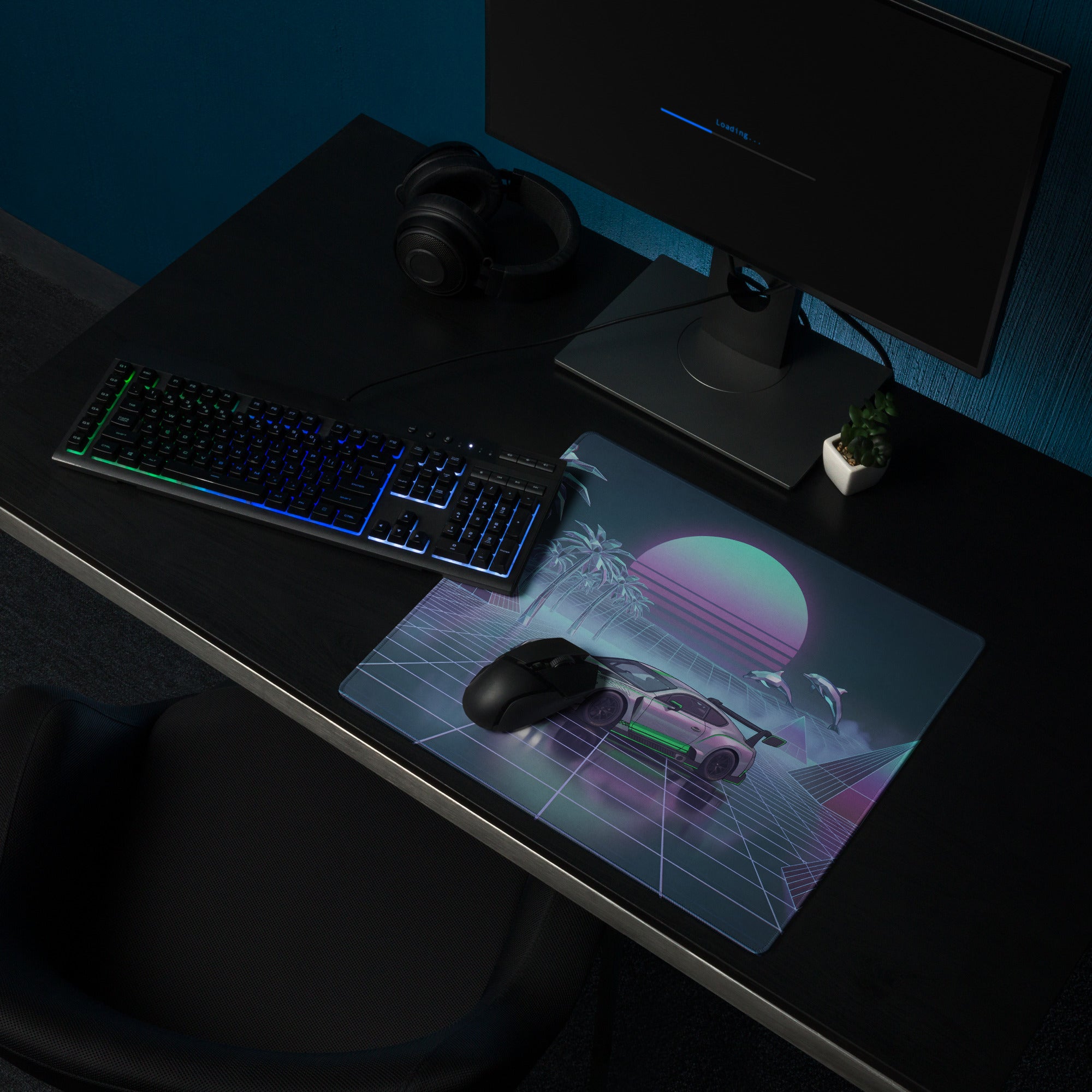 Bentley Continental GT3 Inspired Silver Green Vaporwave Gaming Mouse Pad – Neon Grid Tropical Desk Mat with Palm Trees, Dolphins and Retro Synthwave Sunset Art