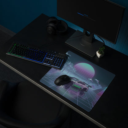 Bentley Continental GT3 Inspired Silver Green Vaporwave Gaming Mouse Pad – Neon Grid Tropical Desk Mat with Palm Trees, Dolphins and Retro Synthwave Sunset Art