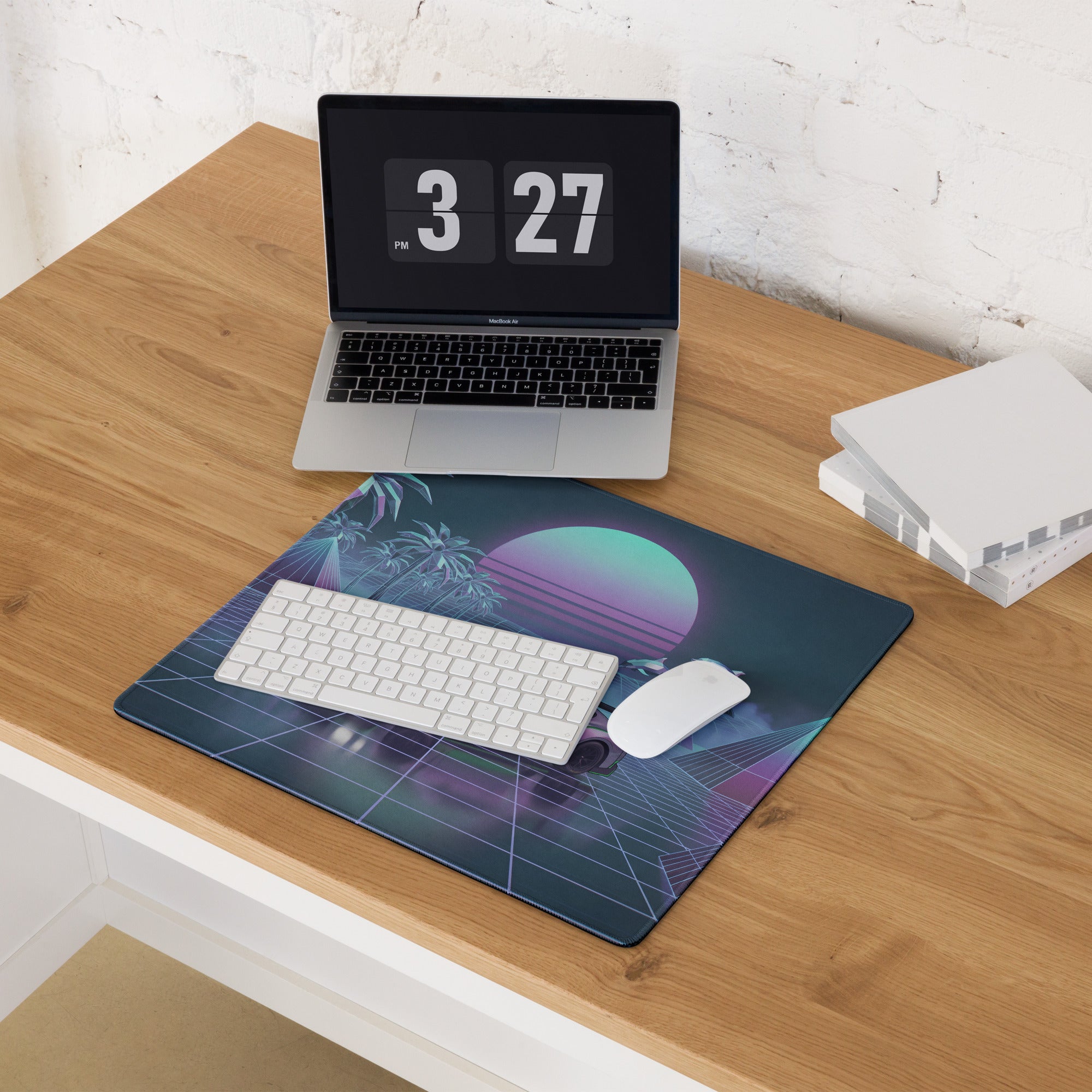 Bentley Continental GT3 Inspired Silver Green Vaporwave Gaming Mouse Pad – Neon Grid Tropical Desk Mat with Palm Trees, Dolphins and Retro Synthwave Sunset Art