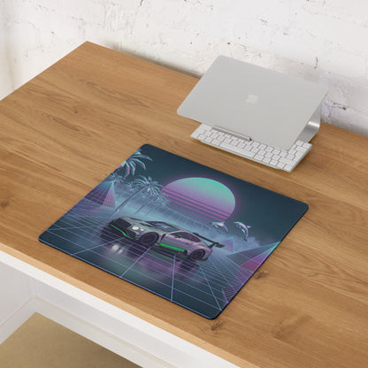 Bentley Continental GT3 Inspired Silver Green Vaporwave Gaming Mouse Pad – Neon Grid Tropical Desk Mat with Palm Trees, Dolphins and Retro Synthwave Sunset Art
