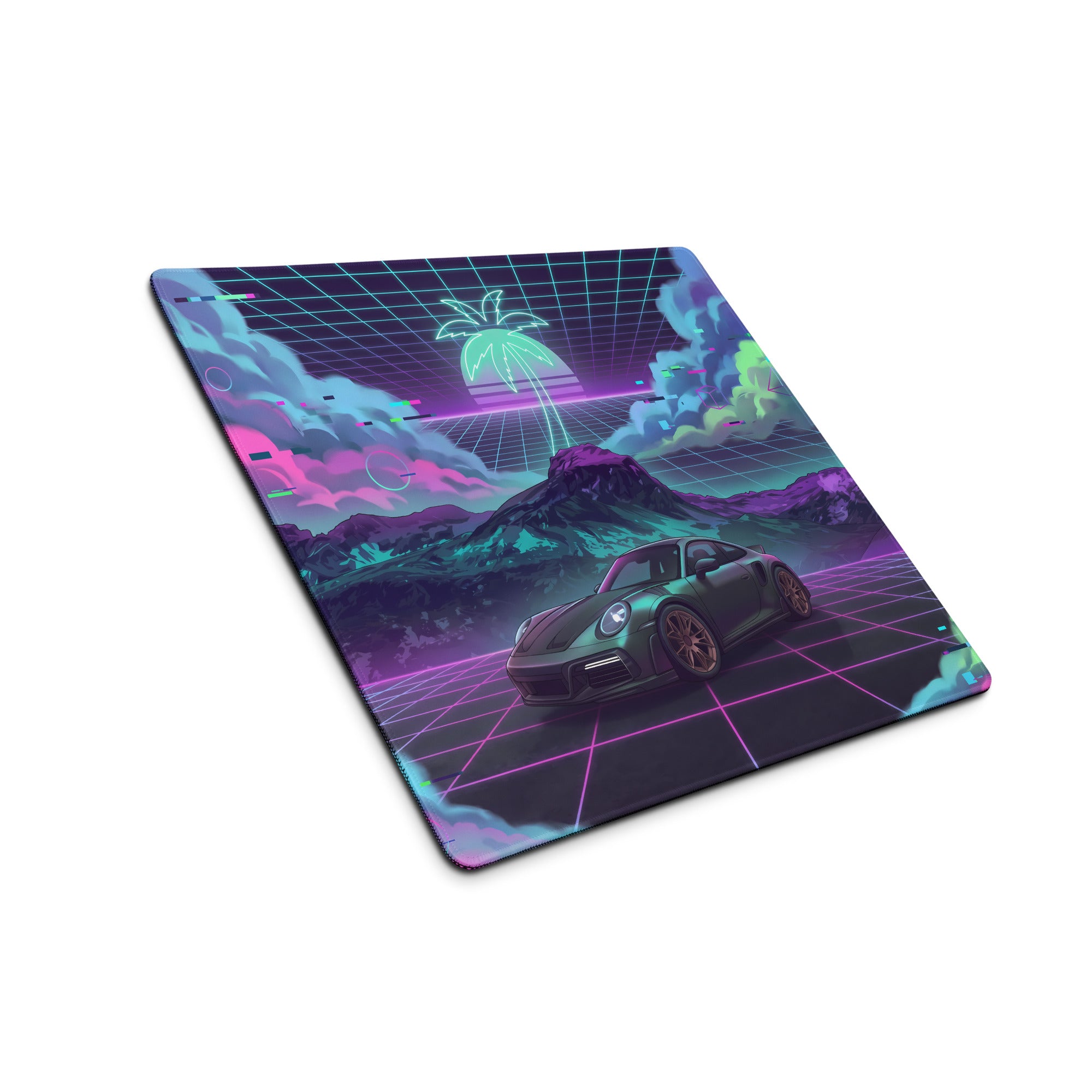 Porsche 911 Turbo S Inspired Dark Teal Vaporwave Gaming Mouse Pad – Neon Pink Cyan Grid Desk Mat with Glitch Clouds, Mountains and Retro Synthwave Art