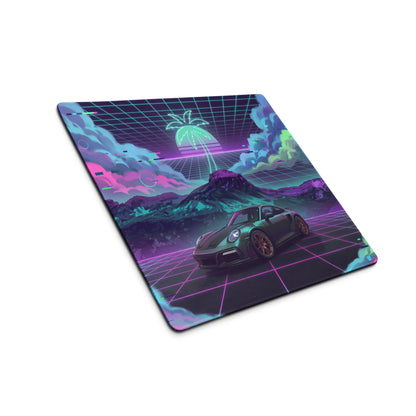 Porsche 911 Turbo S Inspired Dark Teal Vaporwave Gaming Mouse Pad – Neon Pink Cyan Grid Desk Mat with Glitch Clouds, Mountains and Retro Synthwave Art