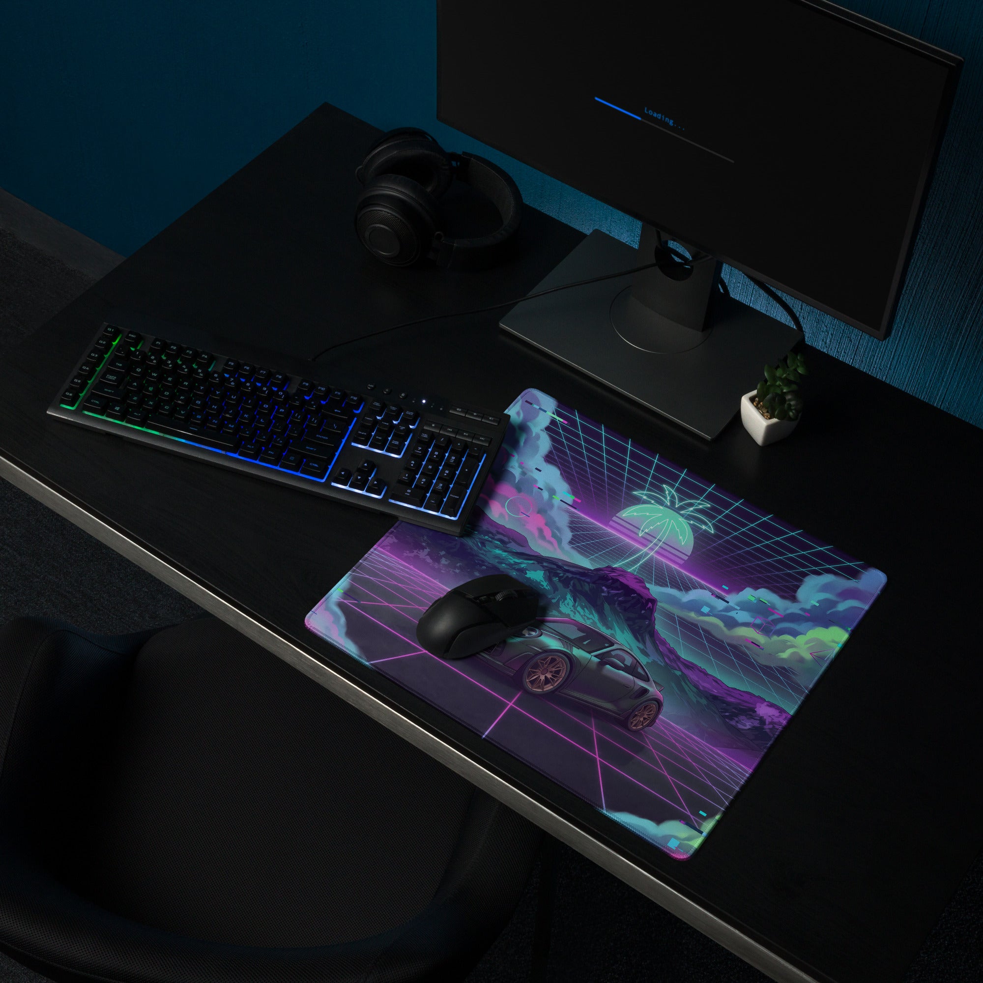 Porsche 911 Turbo S Inspired Dark Teal Vaporwave Gaming Mouse Pad – Neon Pink Cyan Grid Desk Mat with Glitch Clouds, Mountains and Retro Synthwave Art