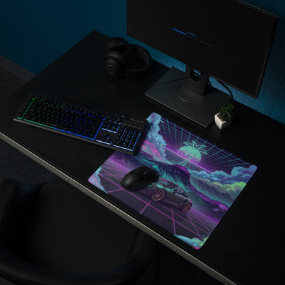 Porsche 911 Turbo S Inspired Dark Teal Vaporwave Gaming Mouse Pad – Neon Pink Cyan Grid Desk Mat with Glitch Clouds, Mountains and Retro Synthwave Art