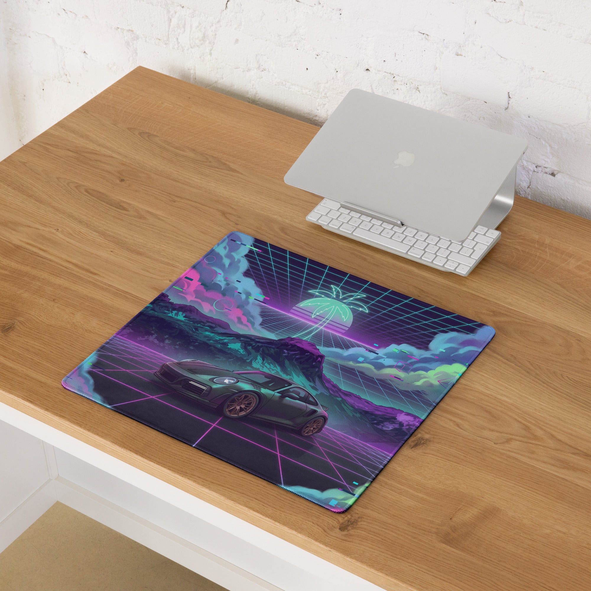 Porsche 911 Turbo S Inspired Dark Teal Vaporwave Gaming Mouse Pad – Neon Pink Cyan Grid Desk Mat with Glitch Clouds, Mountains and Retro Synthwave Art