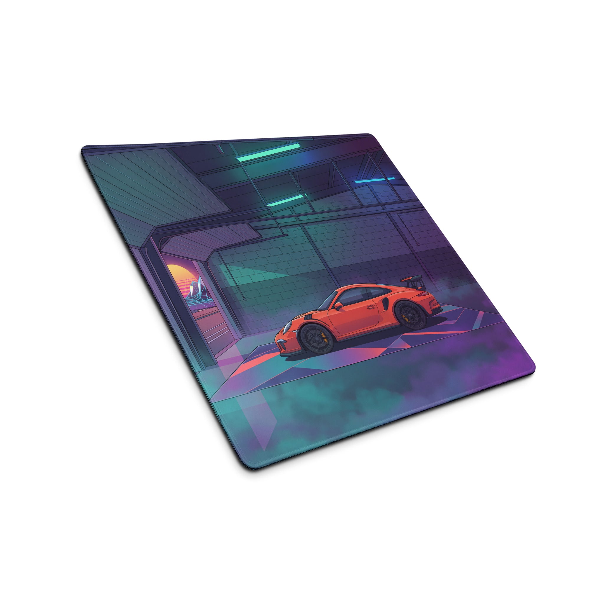 Porsche 911 GT3 Inspired Orange Vaporwave Gaming Mouse Pad – Neon Cyan Purple Garage Desk Mat with Retro Futuristic Sunset and Synthwave Racing Art