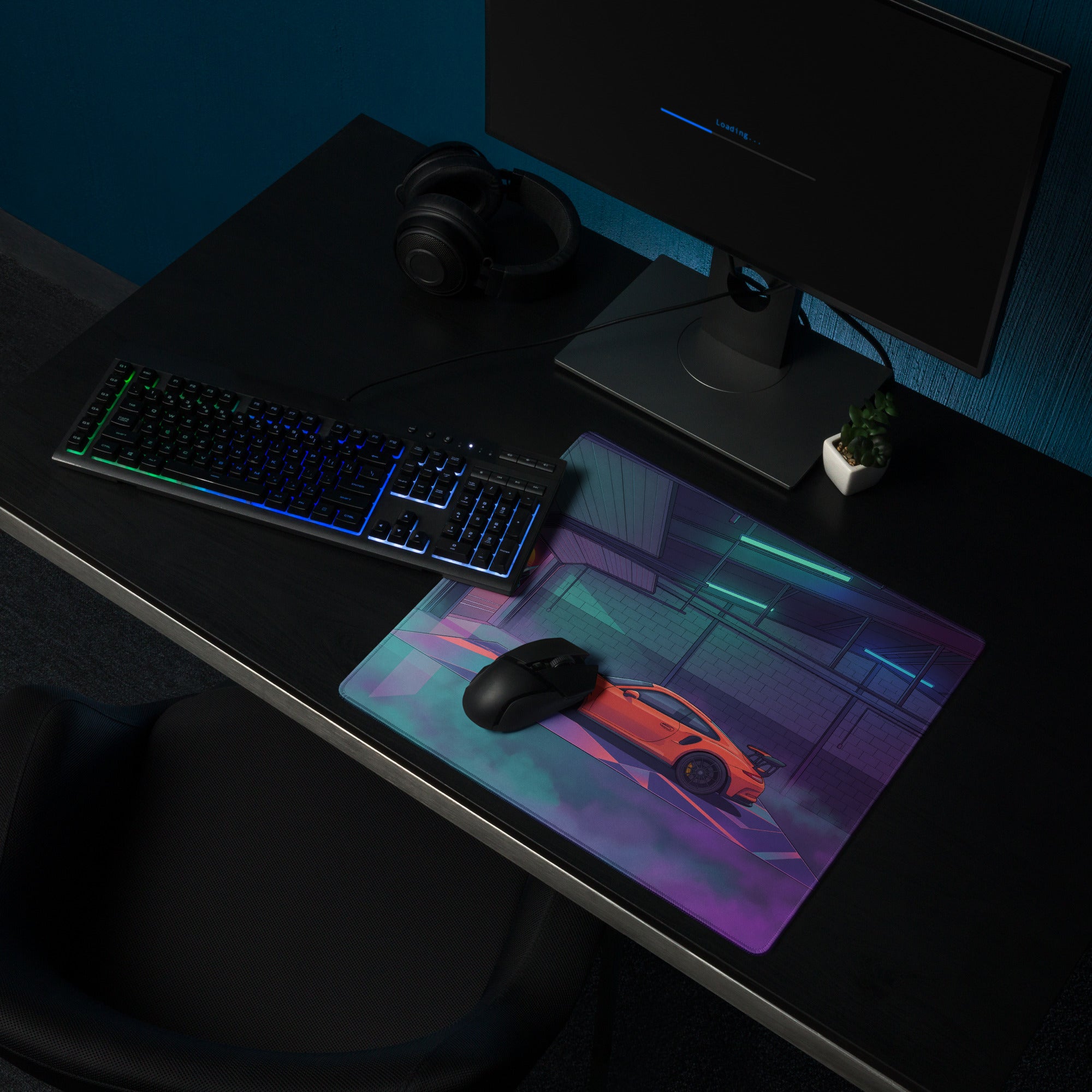 Porsche 911 GT3 Inspired Orange Vaporwave Gaming Mouse Pad – Neon Cyan Purple Garage Desk Mat with Retro Futuristic Sunset and Synthwave Racing Art