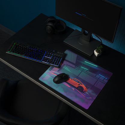 Porsche 911 GT3 Inspired Orange Vaporwave Gaming Mouse Pad – Neon Cyan Purple Garage Desk Mat with Retro Futuristic Sunset and Synthwave Racing Art