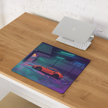 Porsche 911 GT3 Inspired Orange Vaporwave Gaming Mouse Pad – Neon Cyan Purple Garage Desk Mat with Retro Futuristic Sunset and Synthwave Racing Art