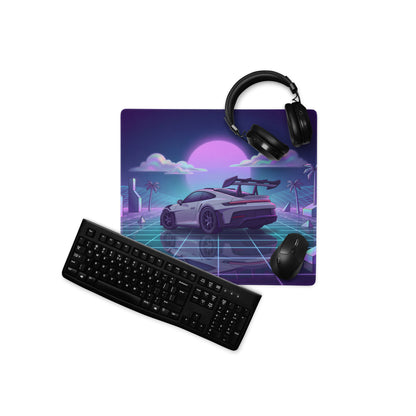 Porsche 911 GT3 RS Inspired White Purple Vaporwave Gaming Mouse Pad – Neon Grid Sunset Desk Mat with Geometric Palms, Retro Futuristic Landscape and Synthwave Art