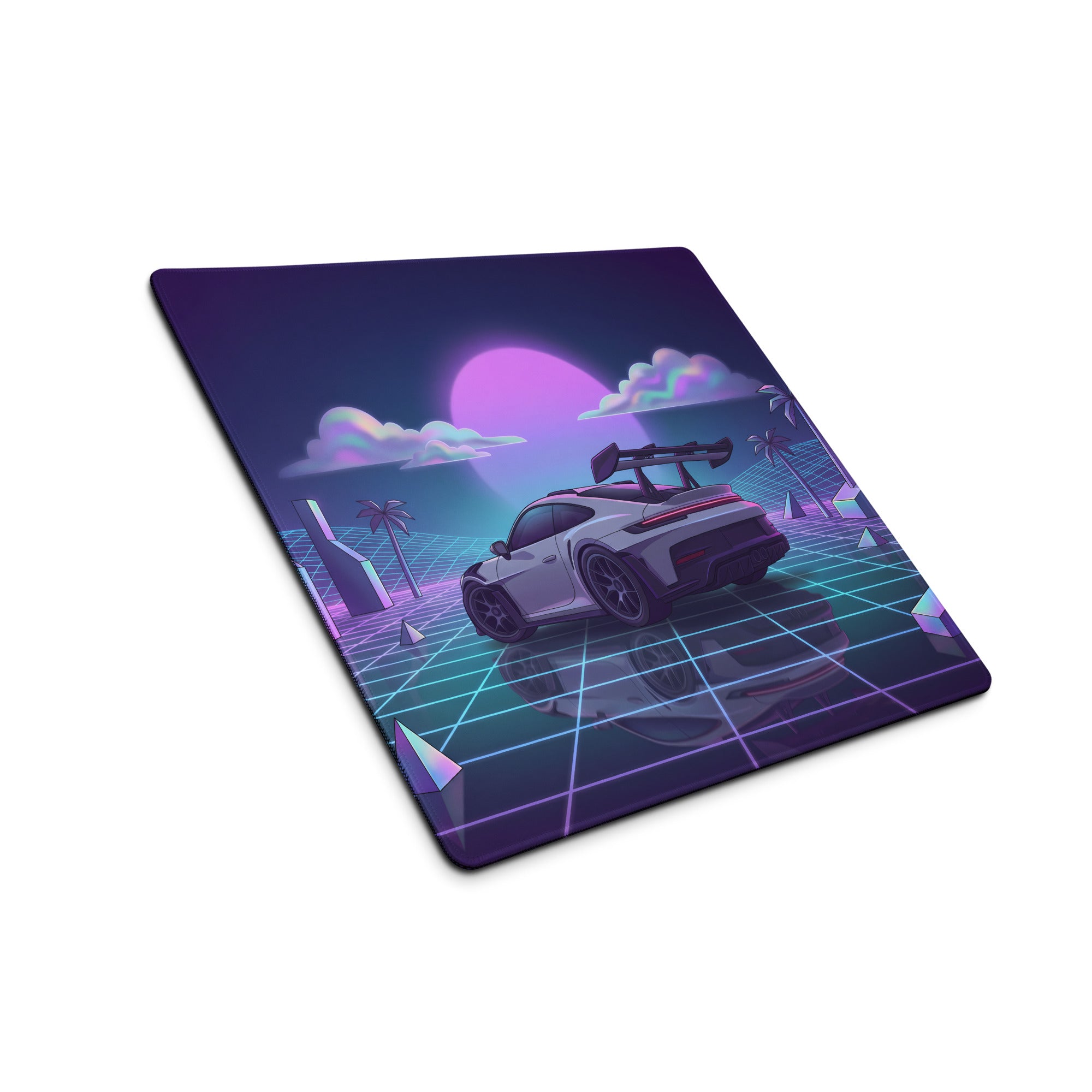 Porsche 911 GT3 RS Inspired White Purple Vaporwave Gaming Mouse Pad – Neon Grid Sunset Desk Mat with Geometric Palms, Retro Futuristic Landscape and Synthwave Art