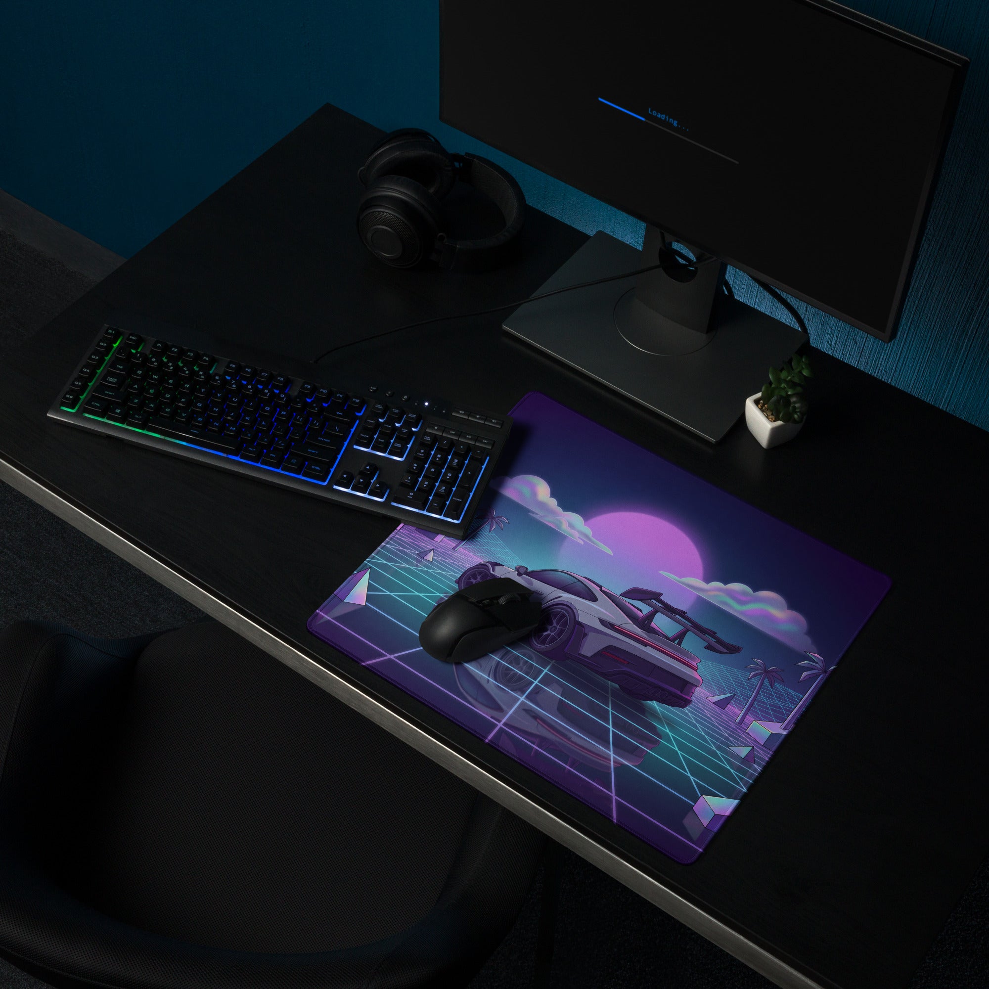 Porsche 911 GT3 RS Inspired White Purple Vaporwave Gaming Mouse Pad – Neon Grid Sunset Desk Mat with Geometric Palms, Retro Futuristic Landscape and Synthwave Art