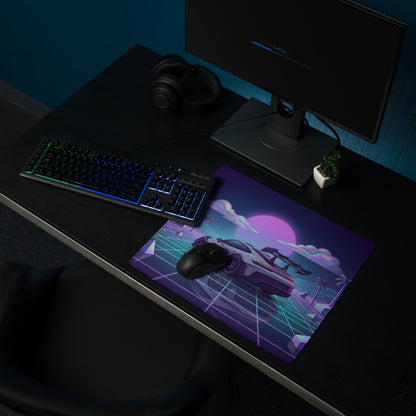 Porsche 911 GT3 RS Inspired White Purple Vaporwave Gaming Mouse Pad – Neon Grid Sunset Desk Mat with Geometric Palms, Retro Futuristic Landscape and Synthwave Art