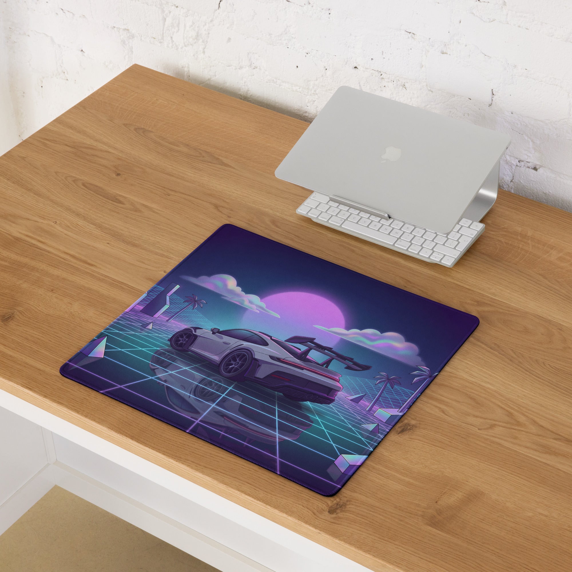 Porsche 911 GT3 RS Inspired White Purple Vaporwave Gaming Mouse Pad – Neon Grid Sunset Desk Mat with Geometric Palms, Retro Futuristic Landscape and Synthwave Art