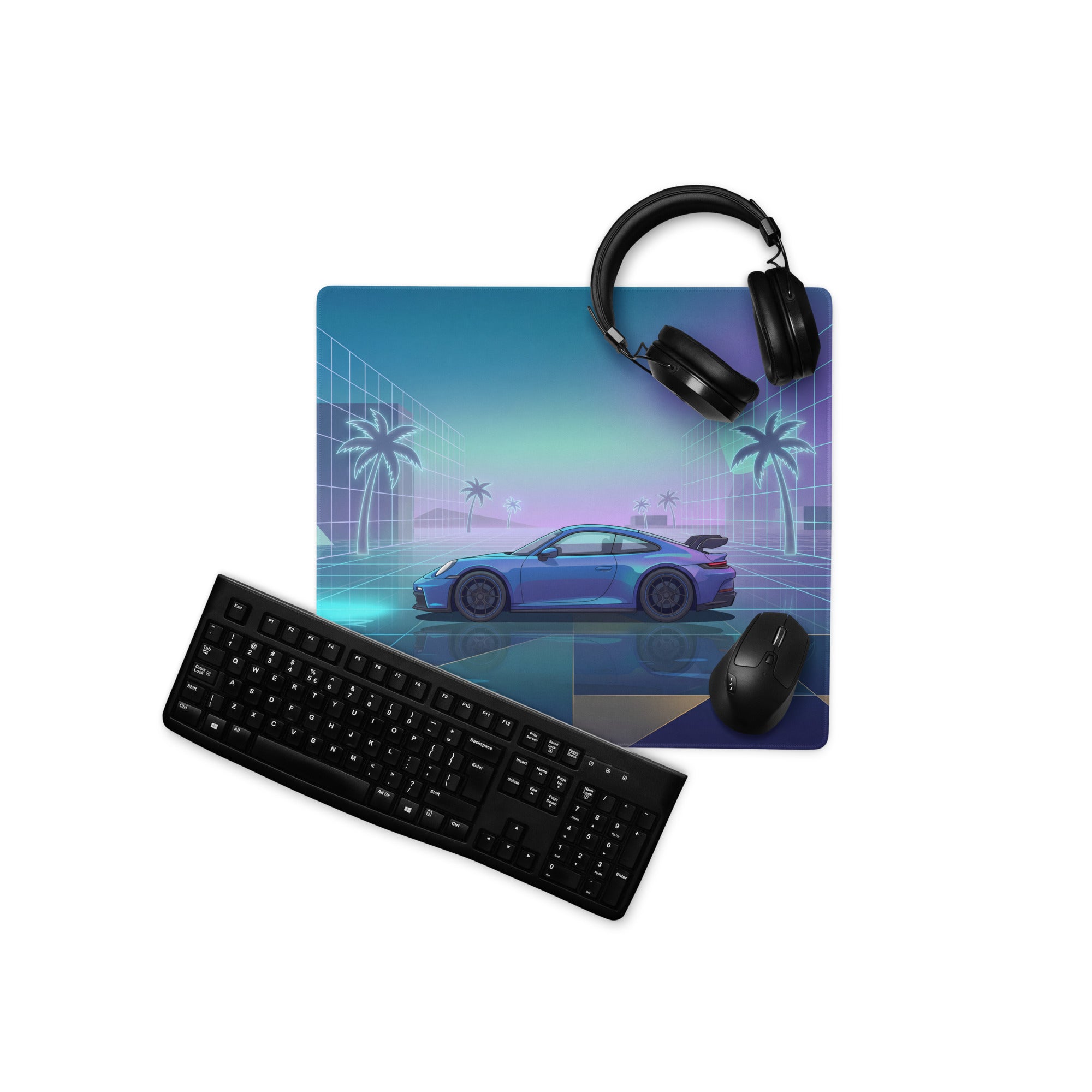 Porsche 911 GT3 Inspired Blue Vaporwave Gaming Mouse Pad – Neon Cyan Glass City Desk Mat with Palm Trees, Reflective Grid and Retro Futuristic Synthwave Art