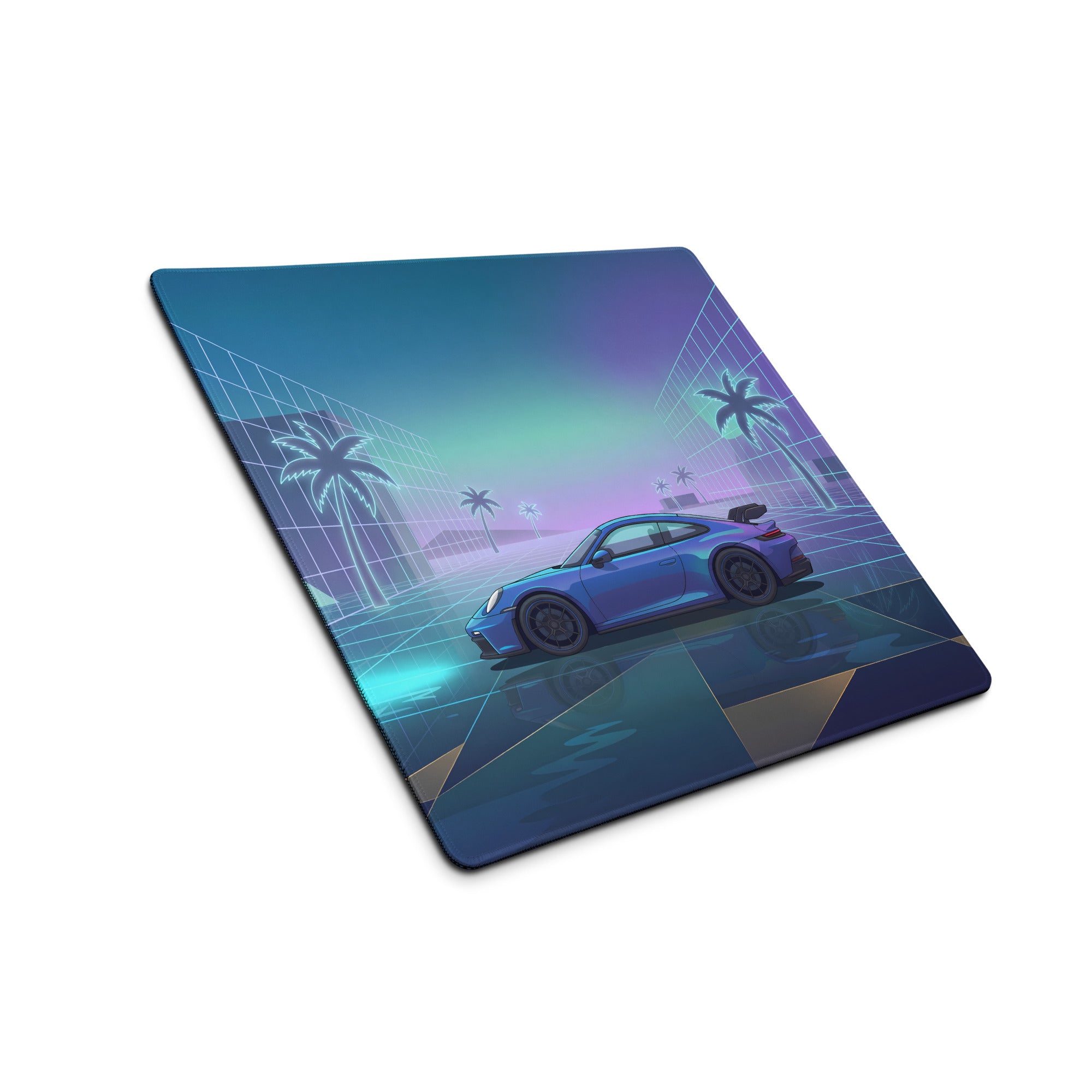 Porsche 911 GT3 Inspired Blue Vaporwave Gaming Mouse Pad – Neon Cyan Glass City Desk Mat with Palm Trees, Reflective Grid and Retro Futuristic Synthwave Art