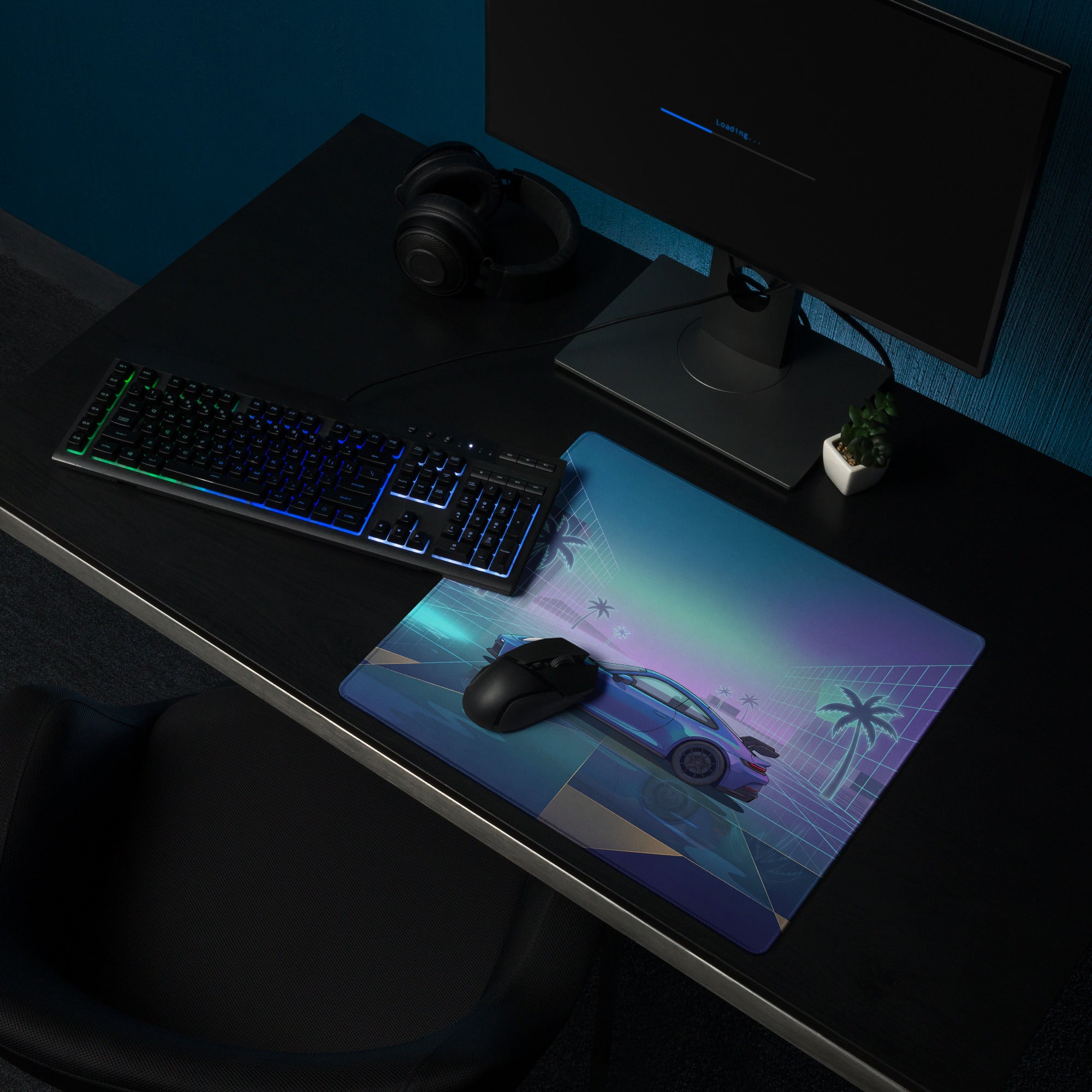 Porsche 911 GT3 Inspired Blue Vaporwave Gaming Mouse Pad – Neon Cyan Glass City Desk Mat with Palm Trees, Reflective Grid and Retro Futuristic Synthwave Art