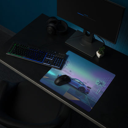 Porsche 911 GT3 Inspired Blue Vaporwave Gaming Mouse Pad – Neon Cyan Glass City Desk Mat with Palm Trees, Reflective Grid and Retro Futuristic Synthwave Art