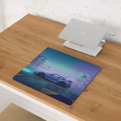 Porsche 911 GT3 Inspired Blue Vaporwave Gaming Mouse Pad – Neon Cyan Glass City Desk Mat with Palm Trees, Reflective Grid and Retro Futuristic Synthwave Art