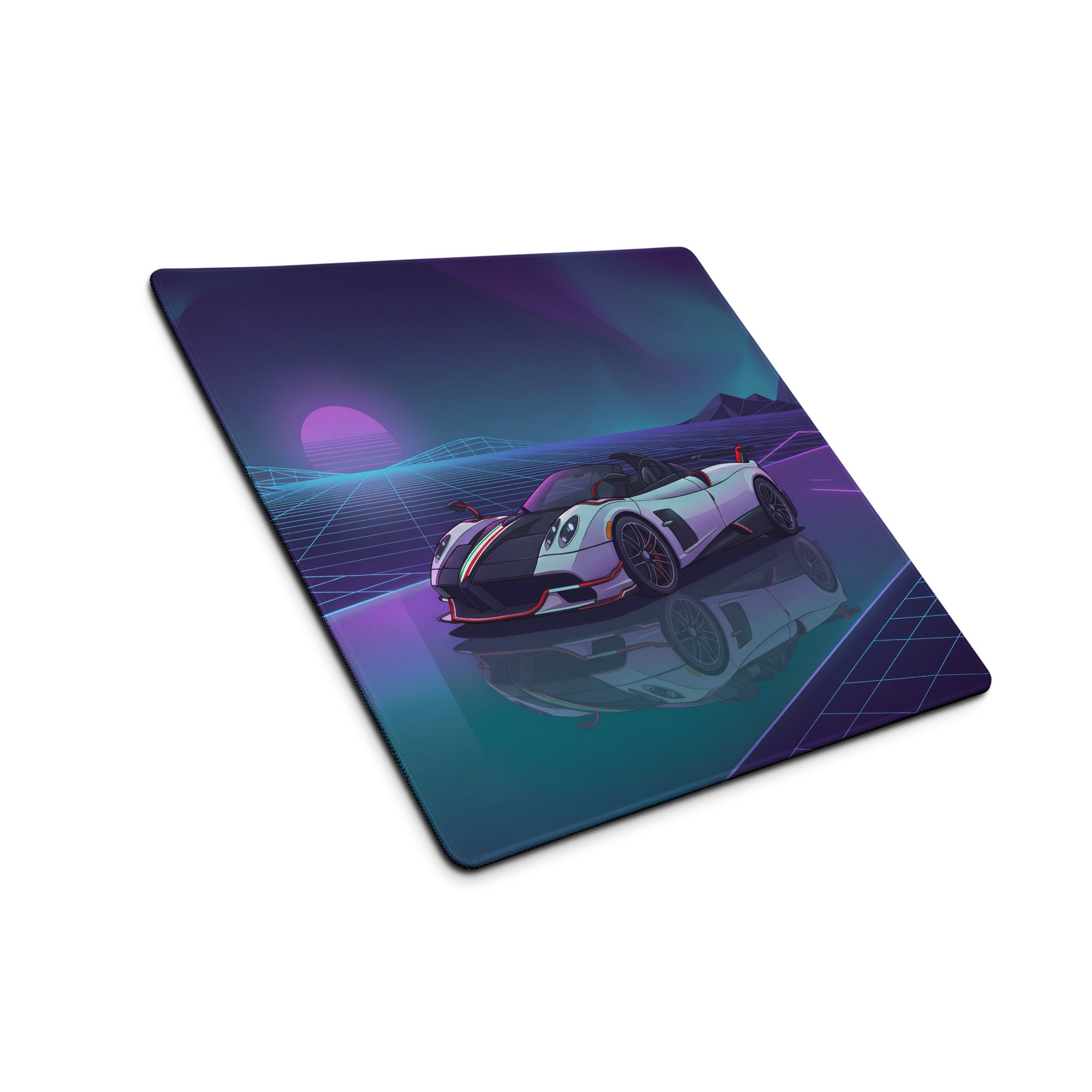 Pagani Huayra Roadster BC Inspired White Vaporwave Gaming Mouse Pad – Neon Purple Cyan Grid Desk Mat with Retro Futuristic Mountains and
