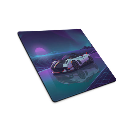 Pagani Huayra Roadster BC Inspired White Vaporwave Gaming Mouse Pad – Neon Purple Cyan Grid Desk Mat with Retro Futuristic Mountains and