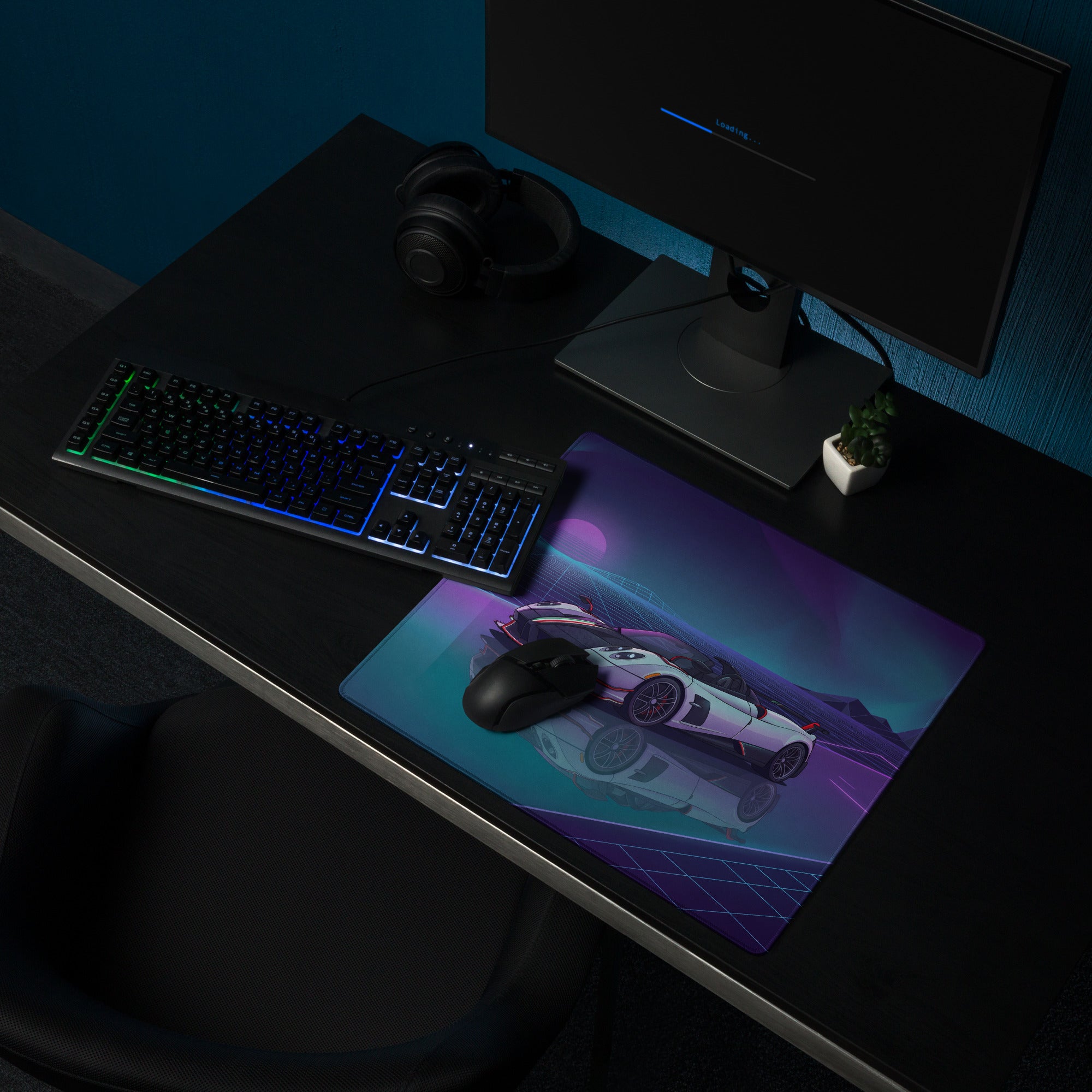 Pagani Huayra Roadster BC Inspired White Vaporwave Gaming Mouse Pad – Neon Purple Cyan Grid Desk Mat with Retro Futuristic Mountains and
