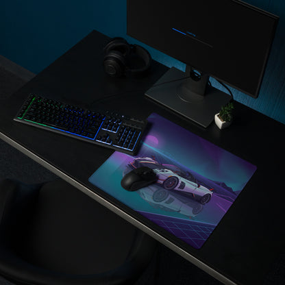 Pagani Huayra Roadster BC Inspired White Vaporwave Gaming Mouse Pad – Neon Purple Cyan Grid Desk Mat with Retro Futuristic Mountains and