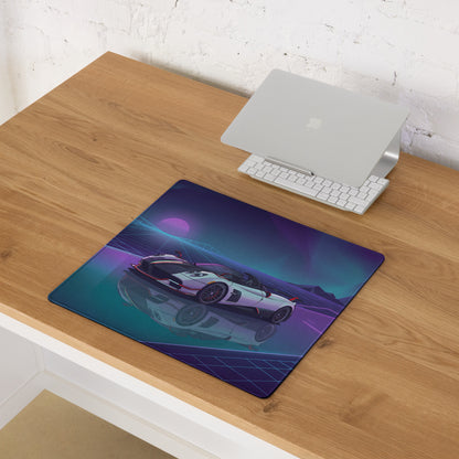 Pagani Huayra Roadster BC Inspired White Vaporwave Gaming Mouse Pad – Neon Purple Cyan Grid Desk Mat with Retro Futuristic Mountains and