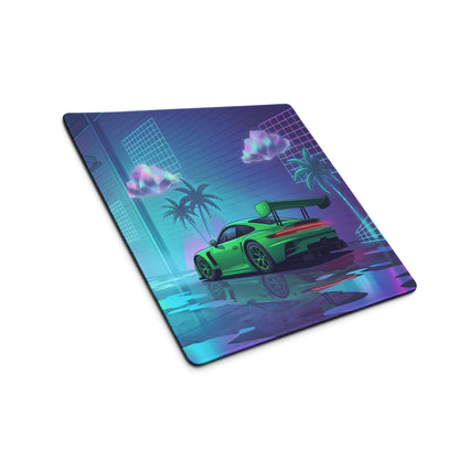 Porsche 911 GT3 R Inspired Green Vaporwave Gaming Mouse Pad – Neon Cyan Pink Garage Desk Mat with Palm Trees, Reflective Floor and Retro Synthwave Art