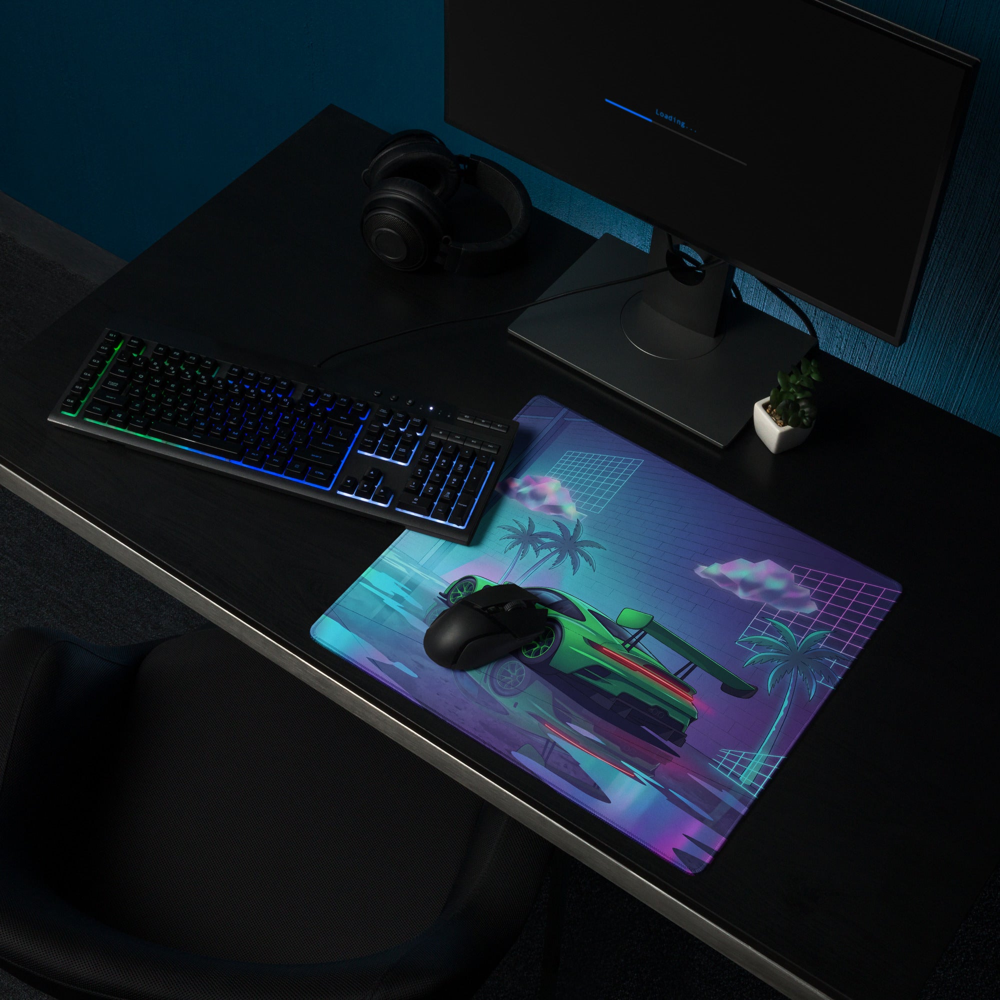Porsche 911 GT3 R Inspired Green Vaporwave Gaming Mouse Pad – Neon Cyan Pink Garage Desk Mat with Palm Trees, Reflective Floor and Retro Synthwave Art