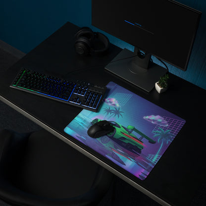 Porsche 911 GT3 R Inspired Green Vaporwave Gaming Mouse Pad – Neon Cyan Pink Garage Desk Mat with Palm Trees, Reflective Floor and Retro Synthwave Art