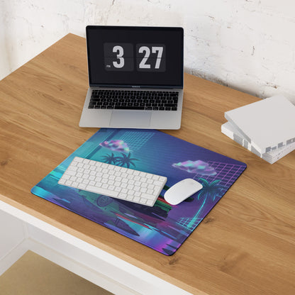 Porsche 911 GT3 R Inspired Green Vaporwave Gaming Mouse Pad – Neon Cyan Pink Garage Desk Mat with Palm Trees, Reflective Floor and Retro Synthwave Art