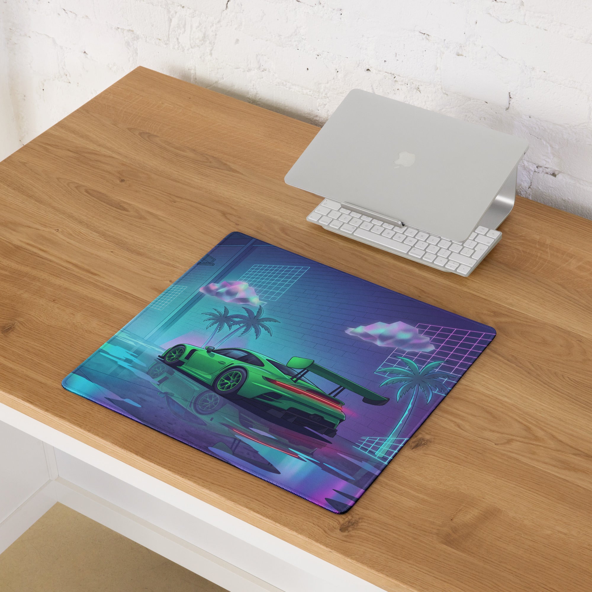 Porsche 911 GT3 R Inspired Green Vaporwave Gaming Mouse Pad – Neon Cyan Pink Garage Desk Mat with Palm Trees, Reflective Floor and Retro Synthwave Art