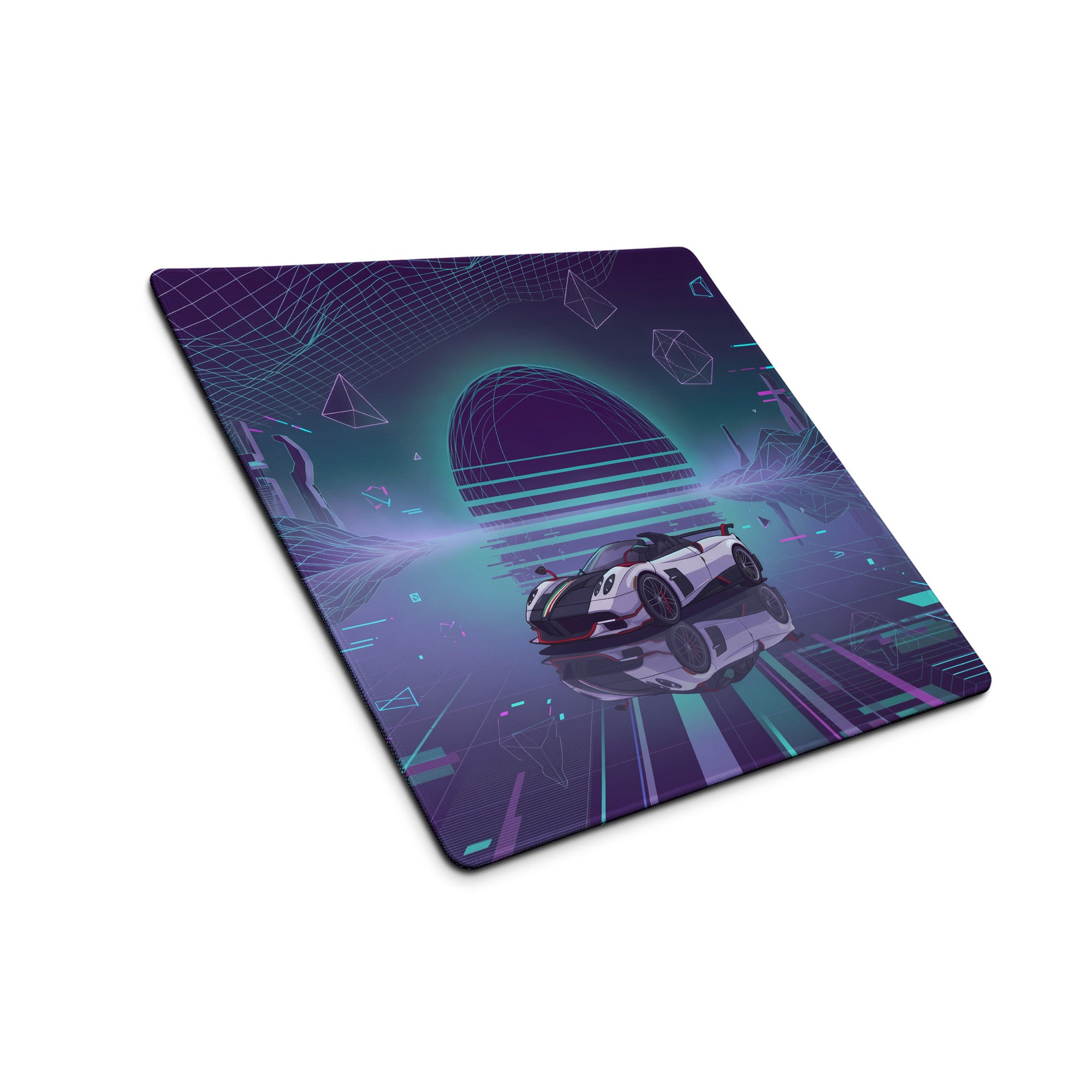 Pagani Huayra Roadster BC Inspired White Vaporwave Gaming Mouse Pad – Neon Cyan Purple Grid Desk Mat with Geometric Mountains and Futuristic Synthwave Art