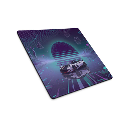 Pagani Huayra Roadster BC Inspired White Vaporwave Gaming Mouse Pad – Neon Cyan Purple Grid Desk Mat with Geometric Mountains and Futuristic Synthwave Art