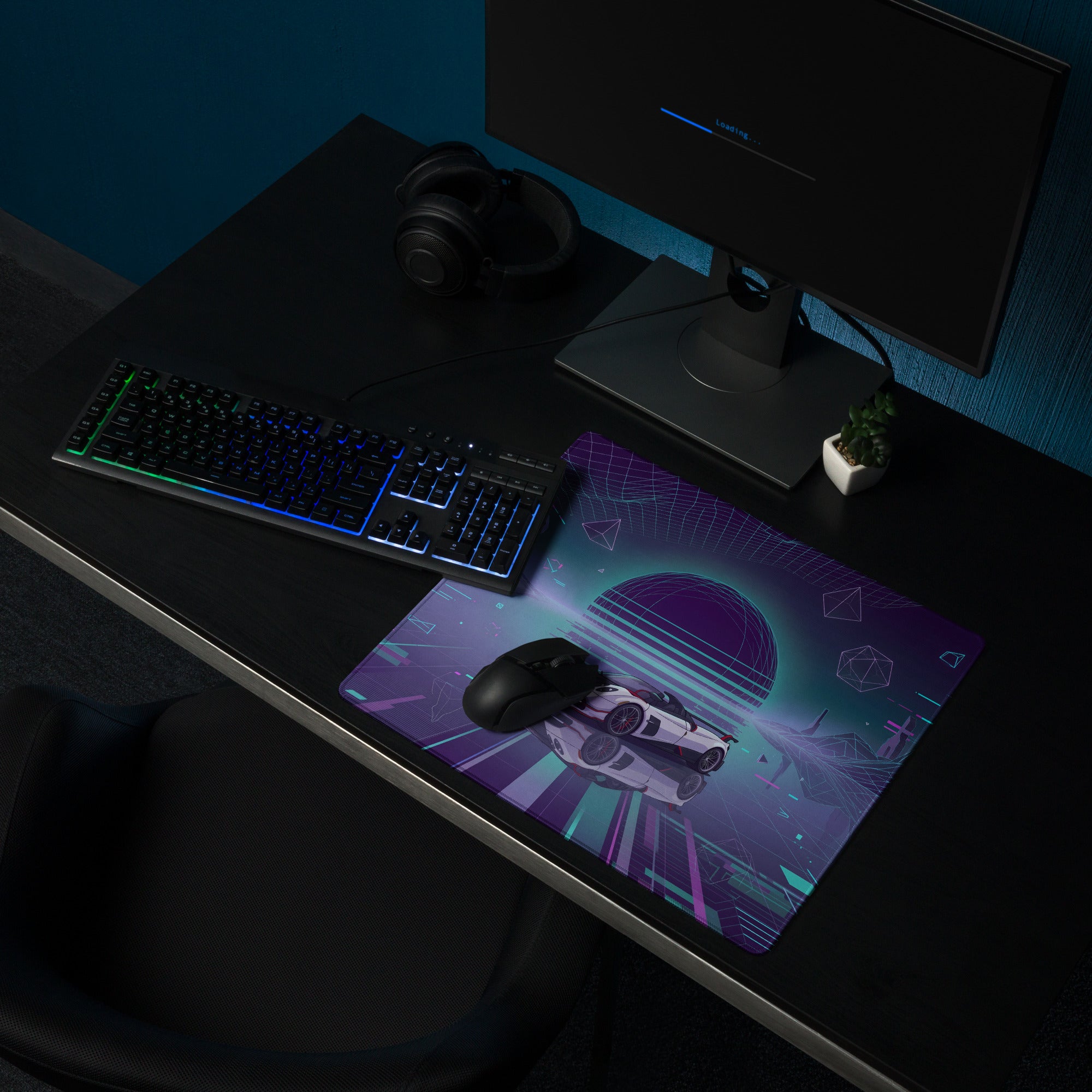 Pagani Huayra Roadster BC Inspired White Vaporwave Gaming Mouse Pad – Neon Cyan Purple Grid Desk Mat with Geometric Mountains and Futuristic Synthwave Art