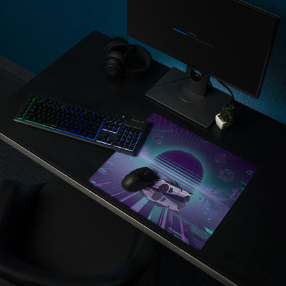 Pagani Huayra Roadster BC Inspired White Vaporwave Gaming Mouse Pad – Neon Cyan Purple Grid Desk Mat with Geometric Mountains and Futuristic Synthwave Art