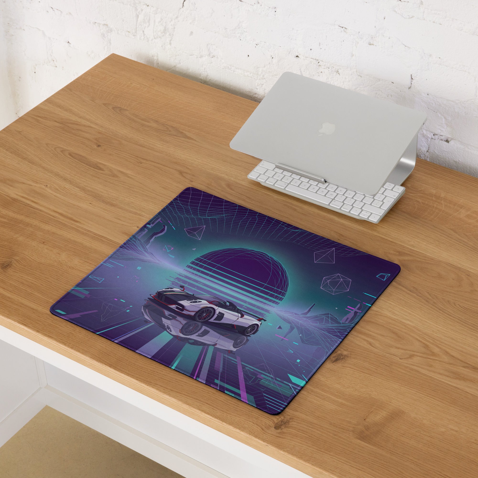 Pagani Huayra Roadster BC Inspired White Vaporwave Gaming Mouse Pad – Neon Cyan Purple Grid Desk Mat with Geometric Mountains and Futuristic Synthwave Art