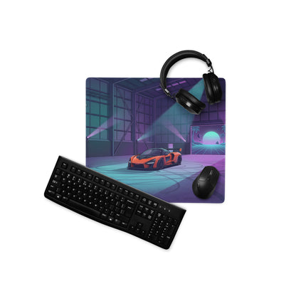 McLaren Senna Inspired Orange Vaporwave Gaming Mouse Pad – Neon Cyan Purple Hangar Desk Mat with Retro Futuristic Sunset and Synthwave Racing Art