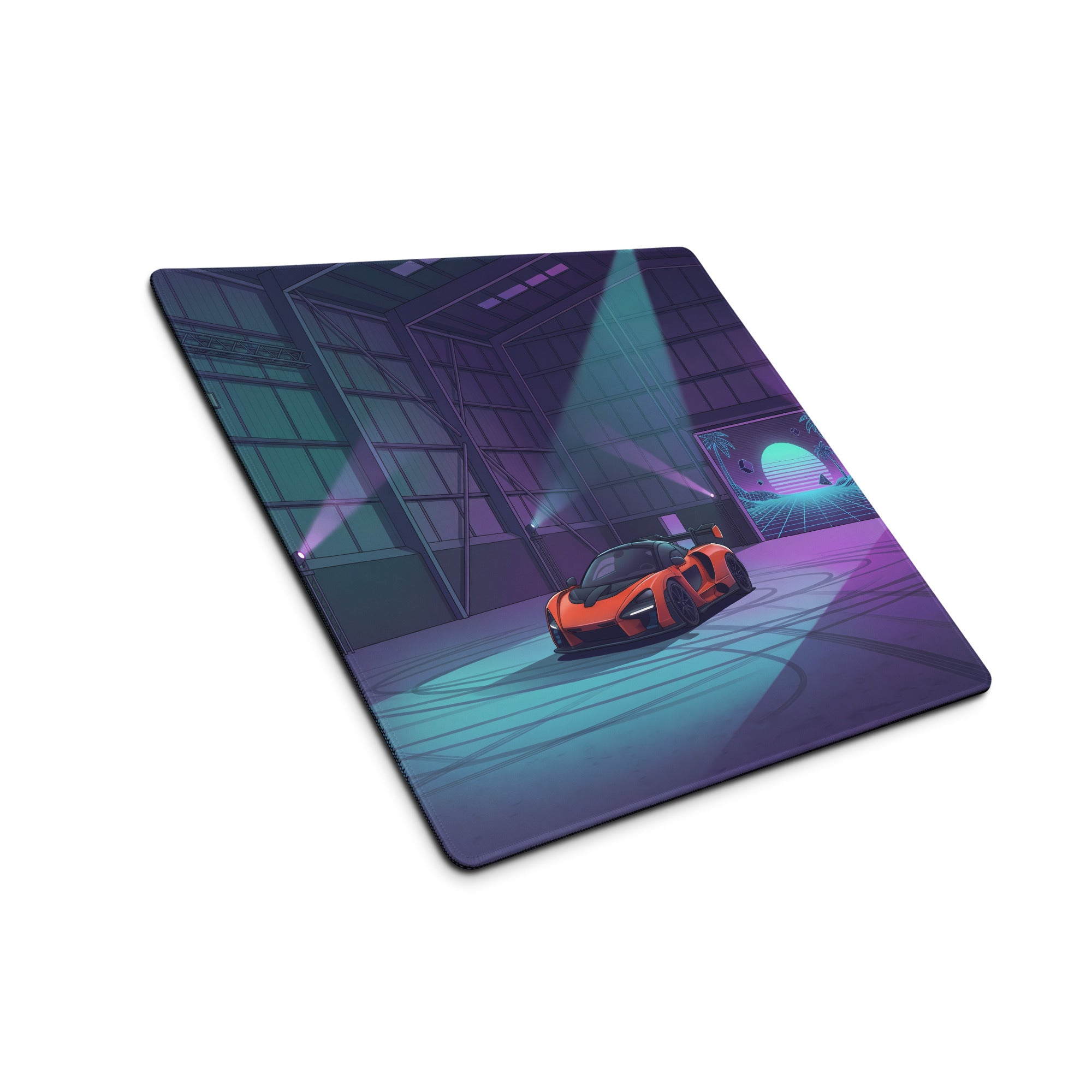 McLaren Senna Inspired Orange Vaporwave Gaming Mouse Pad – Neon Cyan Purple Hangar Desk Mat with Retro Futuristic Sunset and Synthwave Racing Art