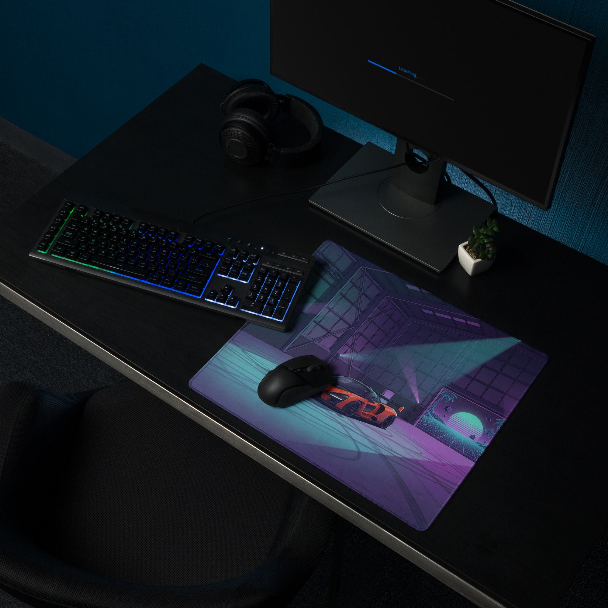 McLaren Senna Inspired Orange Vaporwave Gaming Mouse Pad – Neon Cyan Purple Hangar Desk Mat with Retro Futuristic Sunset and Synthwave Racing Art