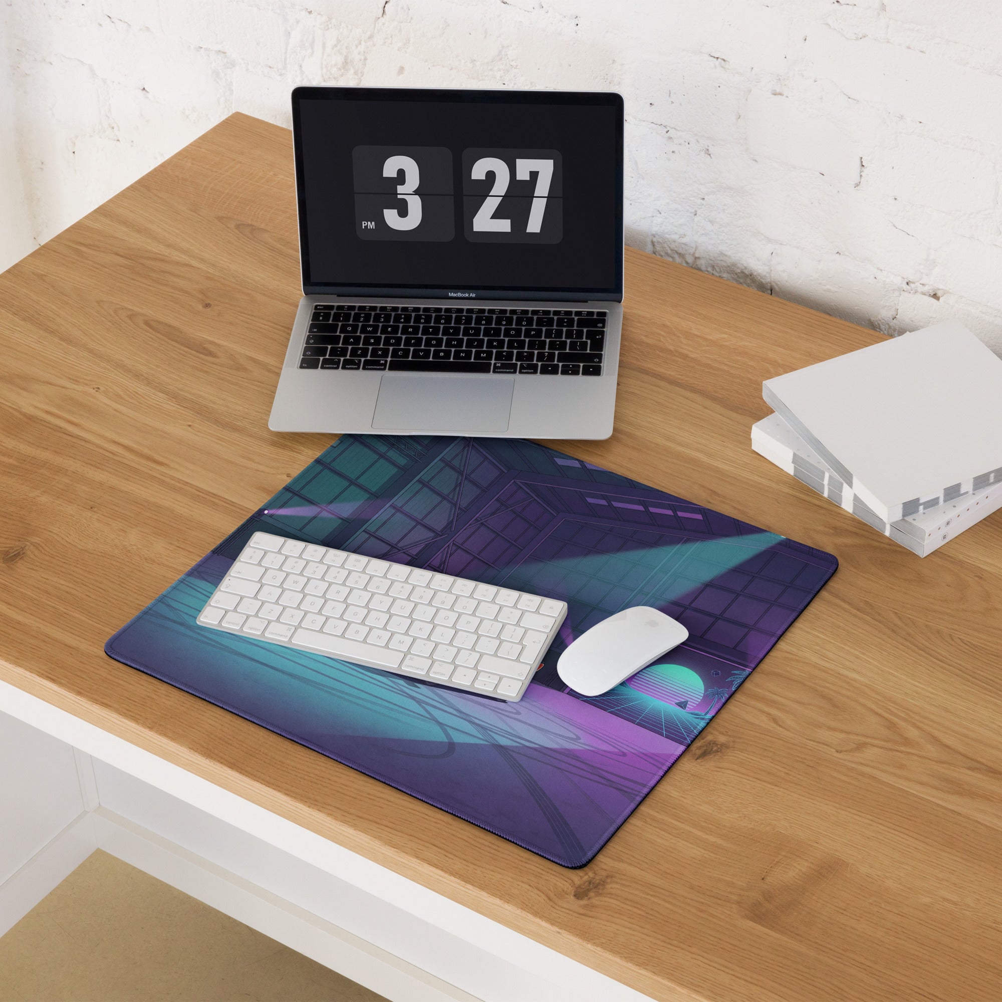 McLaren Senna Inspired Orange Vaporwave Gaming Mouse Pad – Neon Cyan Purple Hangar Desk Mat with Retro Futuristic Sunset and Synthwave Racing Art