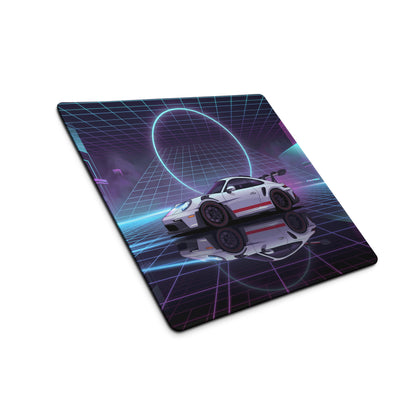 Porsche 911 GT3 RS Inspired White Blue Vaporwave Gaming Mouse Pad – Neon Cyberpunk City Desk Mat with Retro Futuristic Grid Art