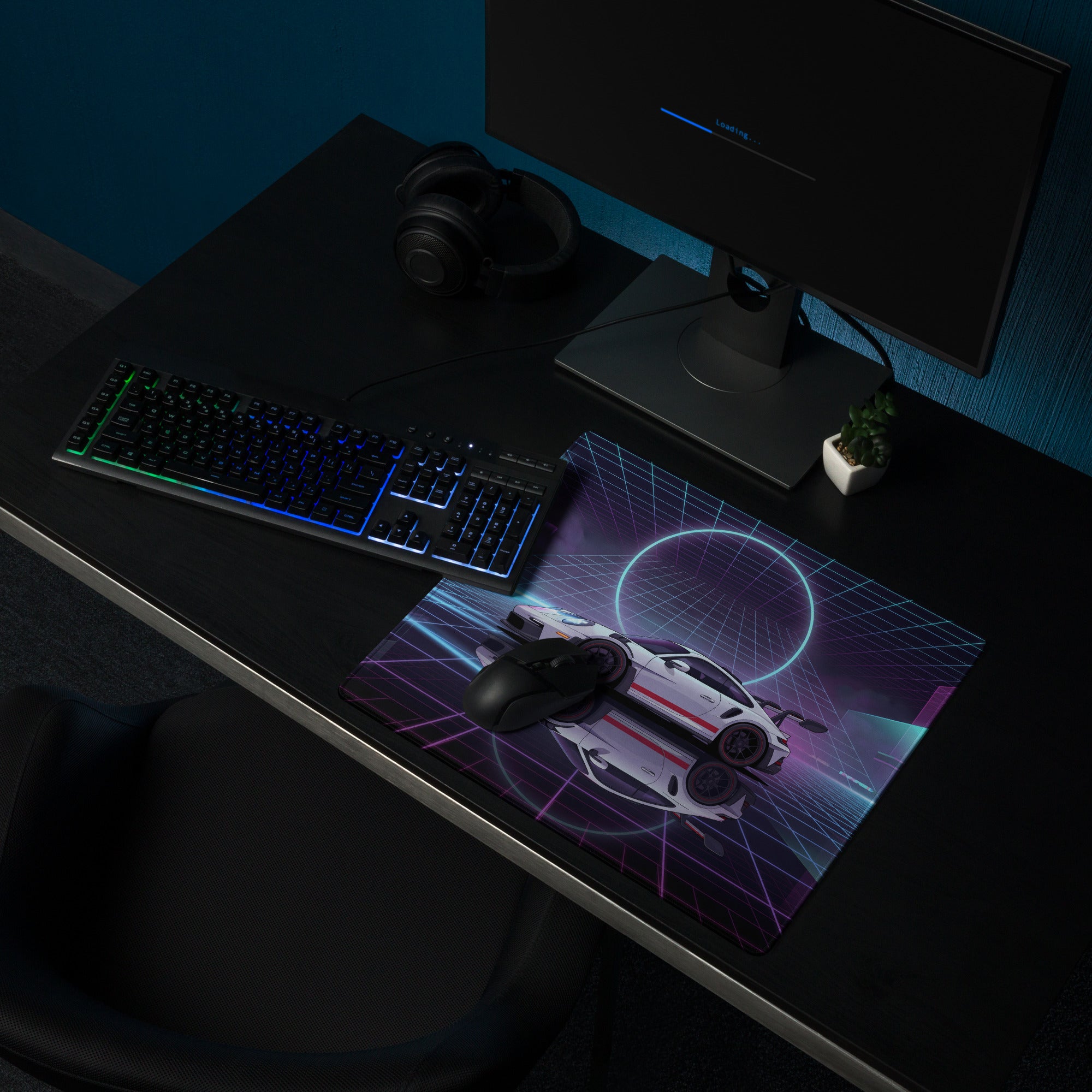 Porsche 911 GT3 RS Inspired White Blue Vaporwave Gaming Mouse Pad – Neon Cyberpunk City Desk Mat with Retro Futuristic Grid Art