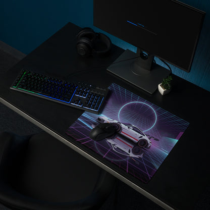 Porsche 911 GT3 RS Inspired White Blue Vaporwave Gaming Mouse Pad – Neon Cyberpunk City Desk Mat with Retro Futuristic Grid Art