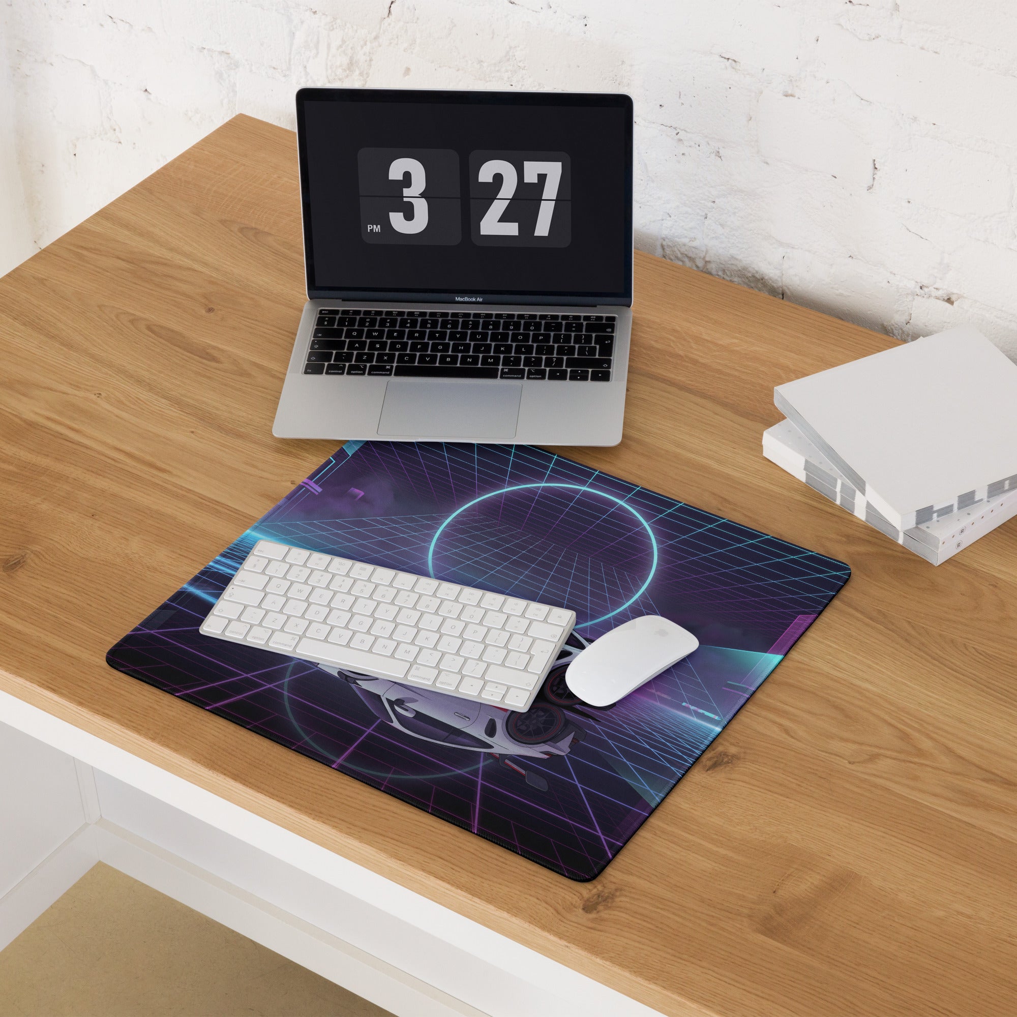 Porsche 911 GT3 RS Inspired White Blue Vaporwave Gaming Mouse Pad – Neon Cyberpunk City Desk Mat with Retro Futuristic Grid Art