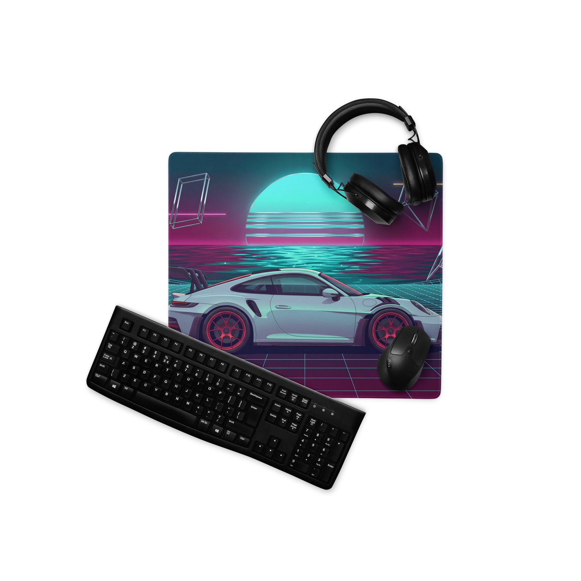 Porsche 911 GT3 RS Inspired Silver Cyan Vaporwave Gaming Mouse Pad – Neon Ocean Sunset Desk Mat with Retro Futuristic Grid and Geometric Art